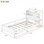 Kids Bed with Storage Headboard and Built-in LED Light, Wood Platform Bed Frame with Guardrail for Girls Boys