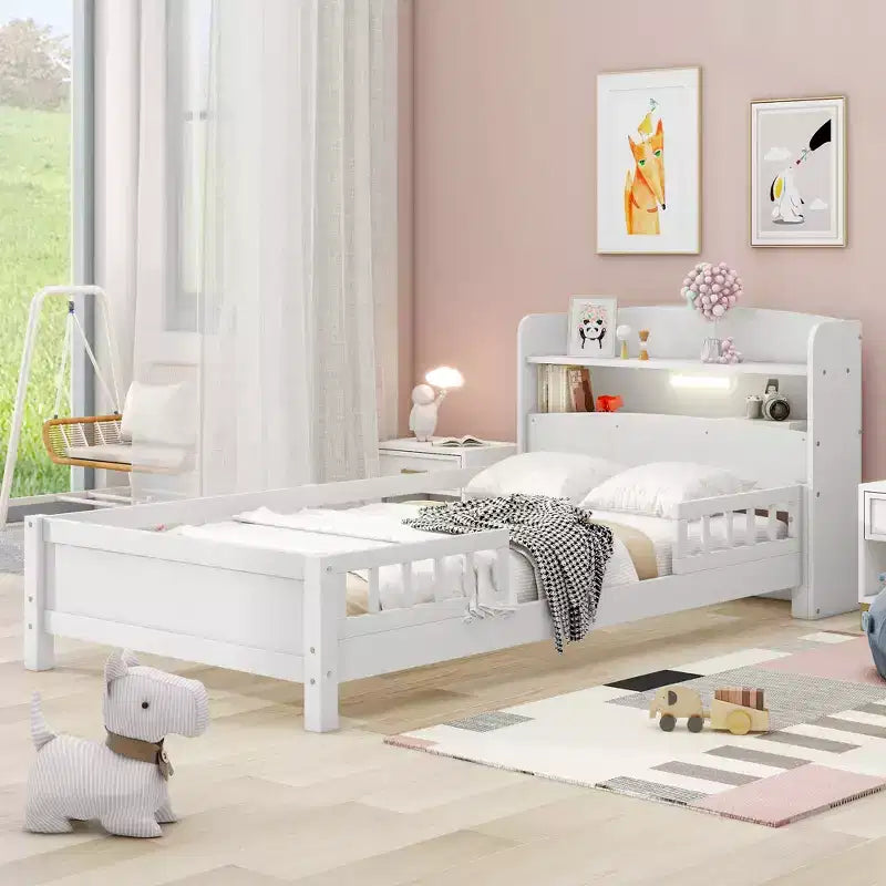 Kids Bed with Storage Headboard and Built-in LED Light, Wood Platform Bed Frame with Guardrail for Girls Boys