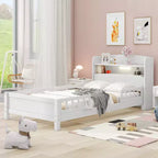 Kids Bed with Storage Headboard and Built-in LED Light, Wood Platform Bed Frame with Guardrail for Girls Boys