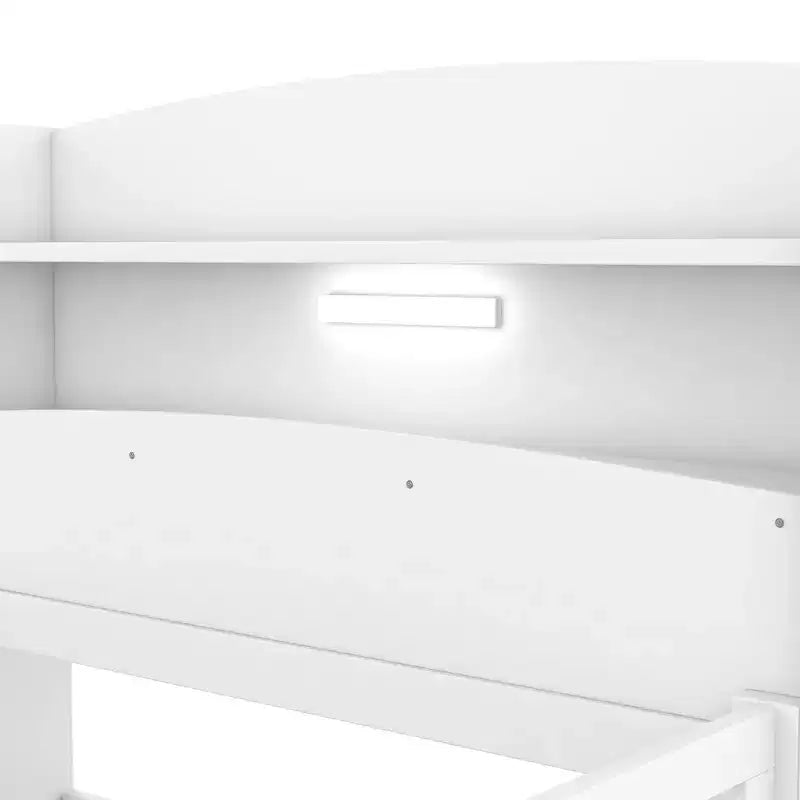 Kids Bed with Storage Headboard and Built-in LED Light, Wood Platform Bed Frame with Guardrail for Girls Boys