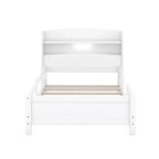 Kids Bed with Storage Headboard and Built-in LED Light, Wood Platform Bed Frame with Guardrail for Girls Boys