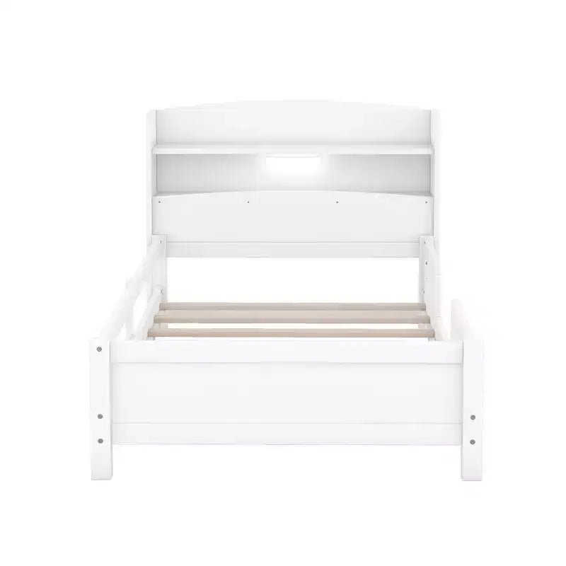 Kids Bed with Storage Headboard and Built-in LED Light, Wood Platform Bed Frame with Guardrail for Girls Boys