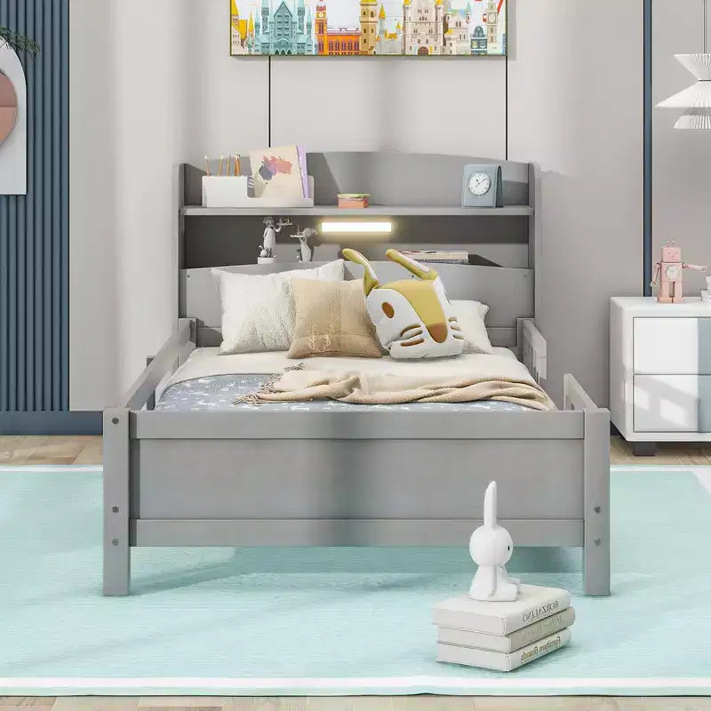 Kids Bed with Storage Headboard and Built-in LED Light, Wood Platform Bed Frame with Guardrail for Girls Boys