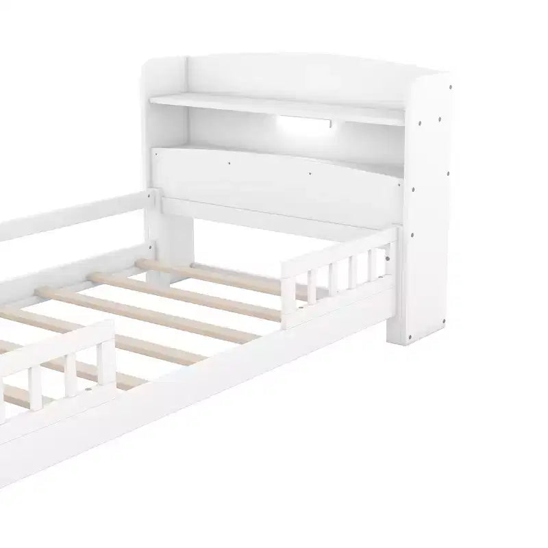 Kids Bed with Storage Headboard and Built-in LED Light, Wood Platform Bed Frame with Guardrail for Girls Boys