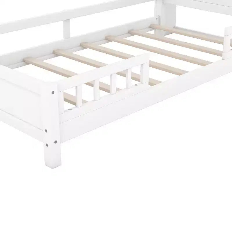Kids Bed with Storage Headboard and Built-in LED Light, Wood Platform Bed Frame with Guardrail for Girls Boys
