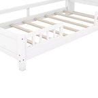 Kids Bed with Storage Headboard and Built-in LED Light, Wood Platform Bed Frame with Guardrail for Girls Boys