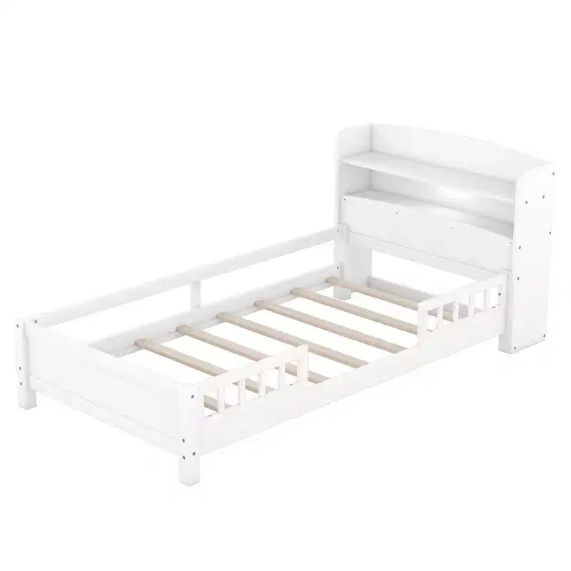 Kids Bed with Storage Headboard and Built-in LED Light, Wood Platform Bed Frame with Guardrail for Girls Boys