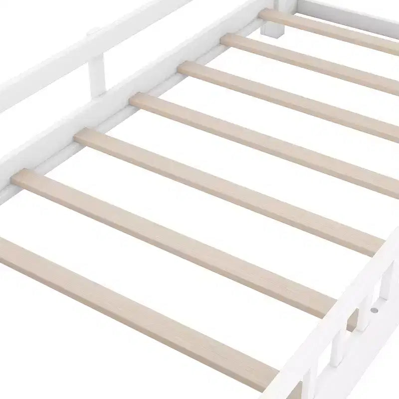 Kids Bed with Storage Headboard and Built-in LED Light, Wood Platform Bed Frame with Guardrail for Girls Boys