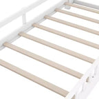 Kids Bed with Storage Headboard and Built-in LED Light, Wood Platform Bed Frame with Guardrail for Girls Boys