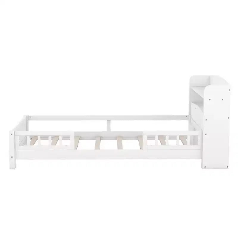 Kids Bed with Storage Headboard and Built-in LED Light, Wood Platform Bed Frame with Guardrail for Girls Boys