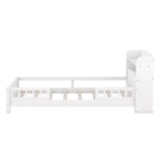 Kids Bed with Storage Headboard and Built-in LED Light, Wood Platform Bed Frame with Guardrail for Girls Boys