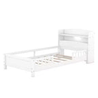 Kids Bed with Storage Headboard and Built-in LED Light, Wood Platform Bed Frame with Guardrail for Girls Boys