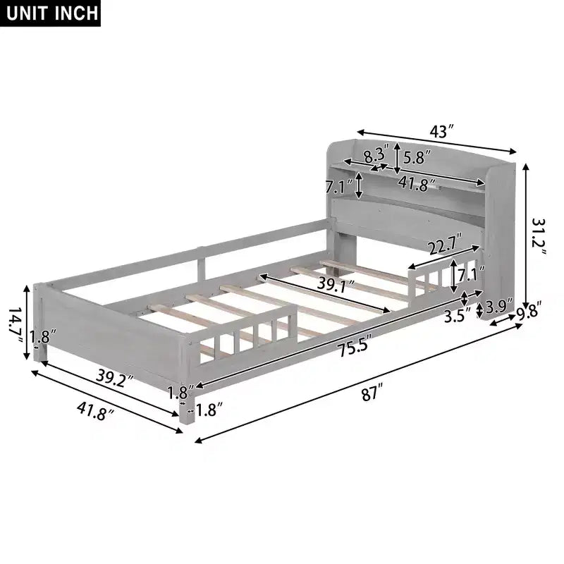 Kids Bed with Storage Headboard and Built-in LED Light, Wood Platform Bed Frame with Guardrail for Girls Boys
