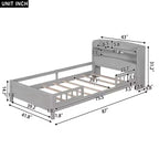 Kids Bed with Storage Headboard and Built-in LED Light, Wood Platform Bed Frame with Guardrail for Girls Boys
