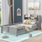 Kids Bed with Storage Headboard and Built-in LED Light, Wood Platform Bed Frame with Guardrail for Girls Boys