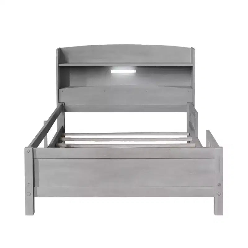 Kids Bed with Storage Headboard and Built-in LED Light, Wood Platform Bed Frame with Guardrail for Girls Boys