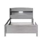 Kids Bed with Storage Headboard and Built-in LED Light, Wood Platform Bed Frame with Guardrail for Girls Boys