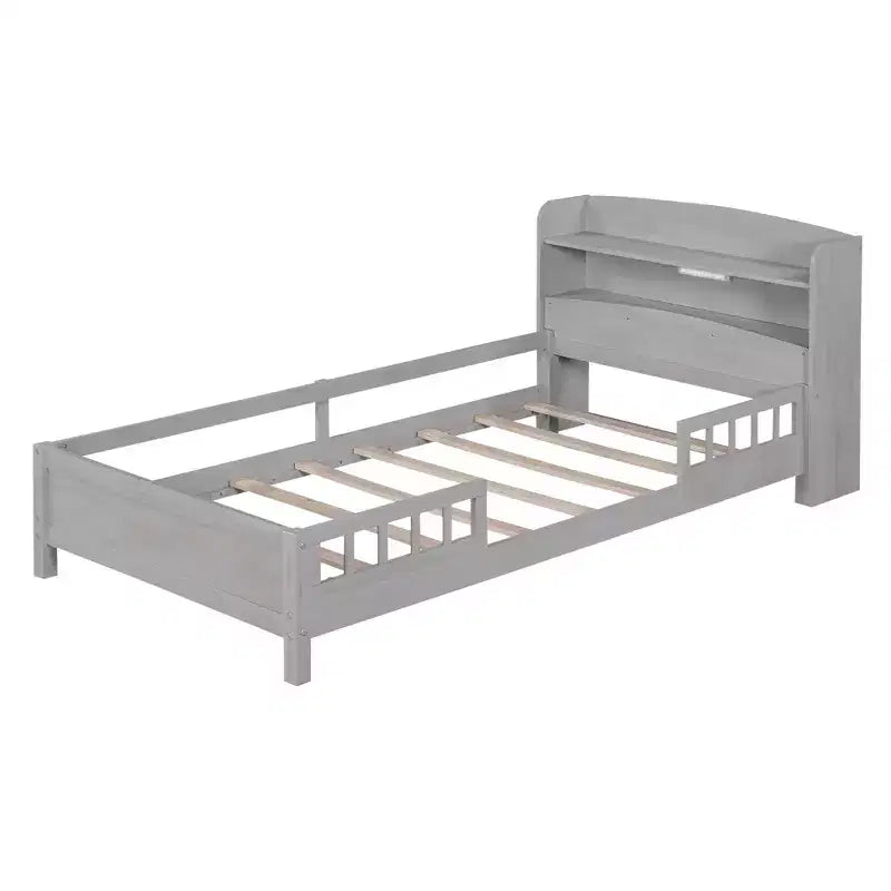 Kids Bed with Storage Headboard and Built-in LED Light, Wood Platform Bed Frame with Guardrail for Girls Boys