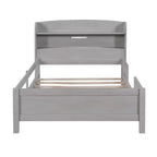Kids Bed with Storage Headboard and Built-in LED Light, Wood Platform Bed Frame with Guardrail for Girls Boys