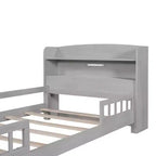 Kids Bed with Storage Headboard and Built-in LED Light, Wood Platform Bed Frame with Guardrail for Girls Boys