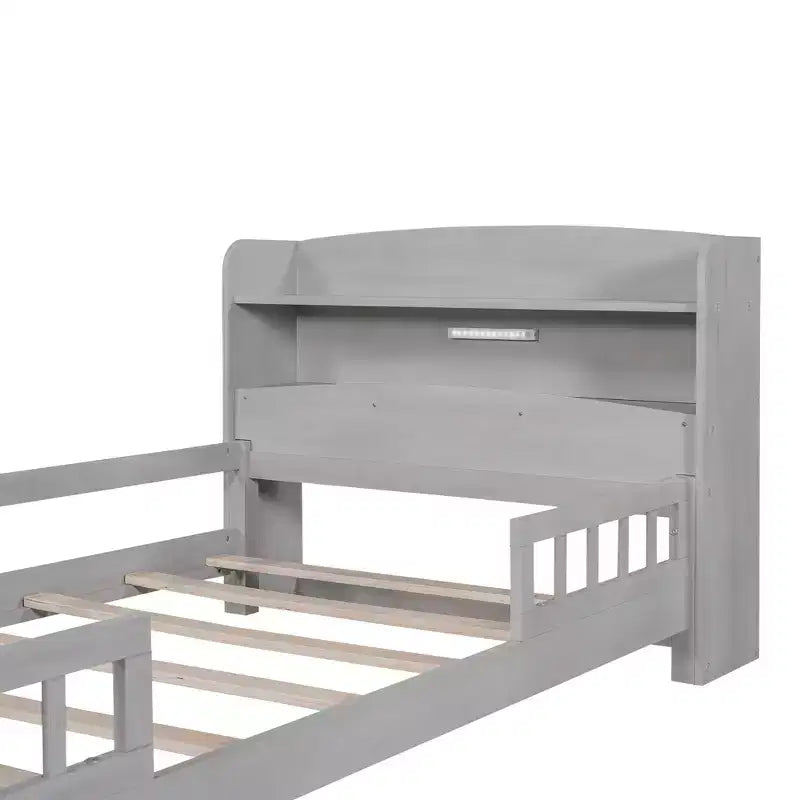 Kids Bed with Storage Headboard and Built-in LED Light, Wood Platform Bed Frame with Guardrail for Girls Boys