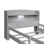 Kids Bed with Storage Headboard and Built-in LED Light, Wood Platform Bed Frame with Guardrail for Girls Boys