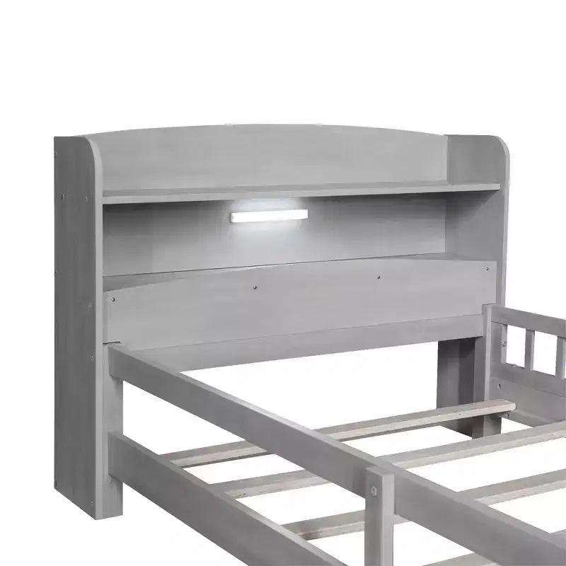 Kids Bed with Storage Headboard and Built-in LED Light, Wood Platform Bed Frame with Guardrail for Girls Boys