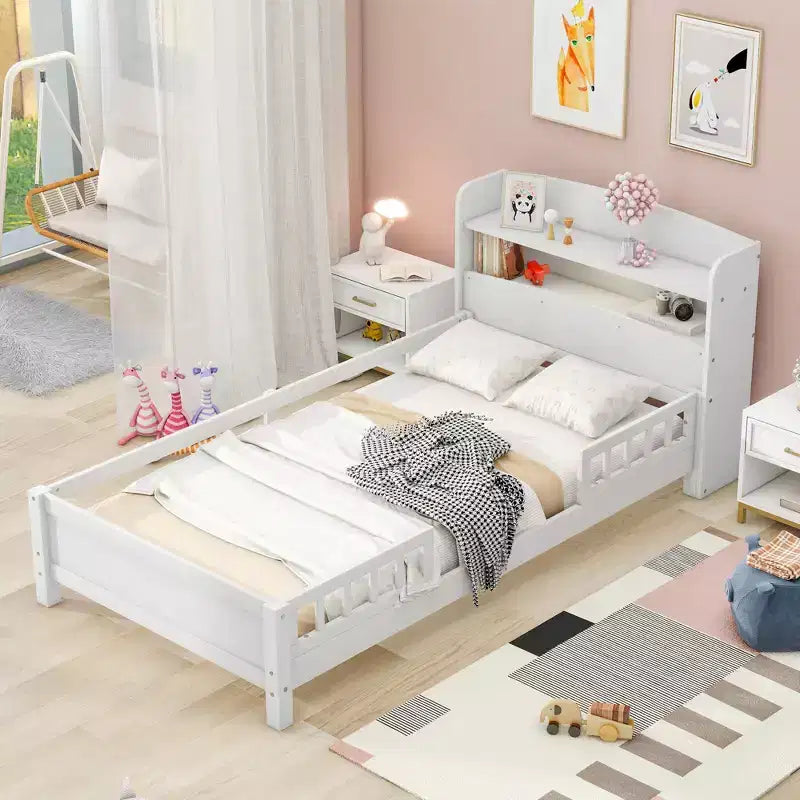Kids Bed with Storage Headboard and Built-in LED Light, Wood Platform Bed Frame with Guardrail for Girls Boys