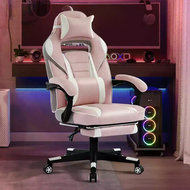 Chaise de bureau rose fleur de cerisier avec repose-pieds, chaise d'ordinateur ergonomique avec support lombaire et appui-tête, base pivotante à 360° et chaises de direction réglables en hauteur