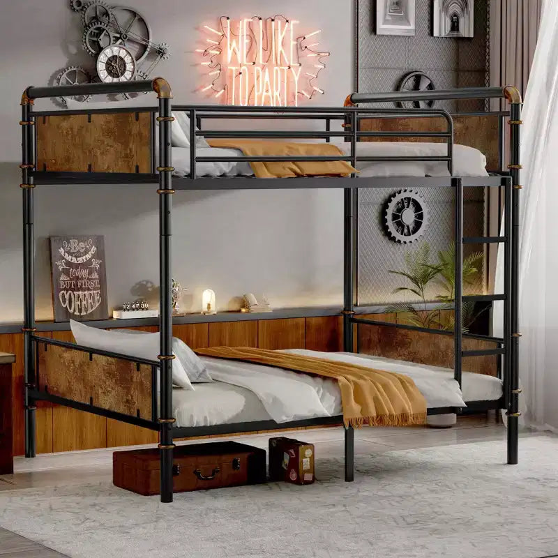 Okak 82IN Twin-Over-Twin/Full-Over-Queen/Queen Industrail Metal Bunk Bed, Detachable Twin Bed with Safety Guardrails and Ladder, Bed Frames for Teens