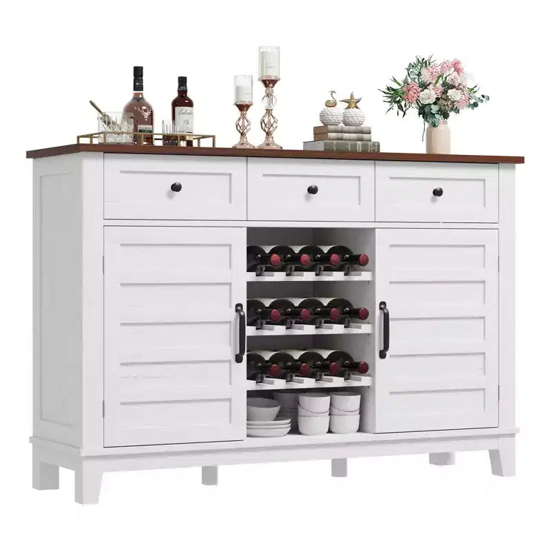 Buffet de ferme de 135,9 cm avec rangement, armoire de rangement avec 3 tiroirs, casier à vin réversible, buffet de ferme avec étagère réglable
