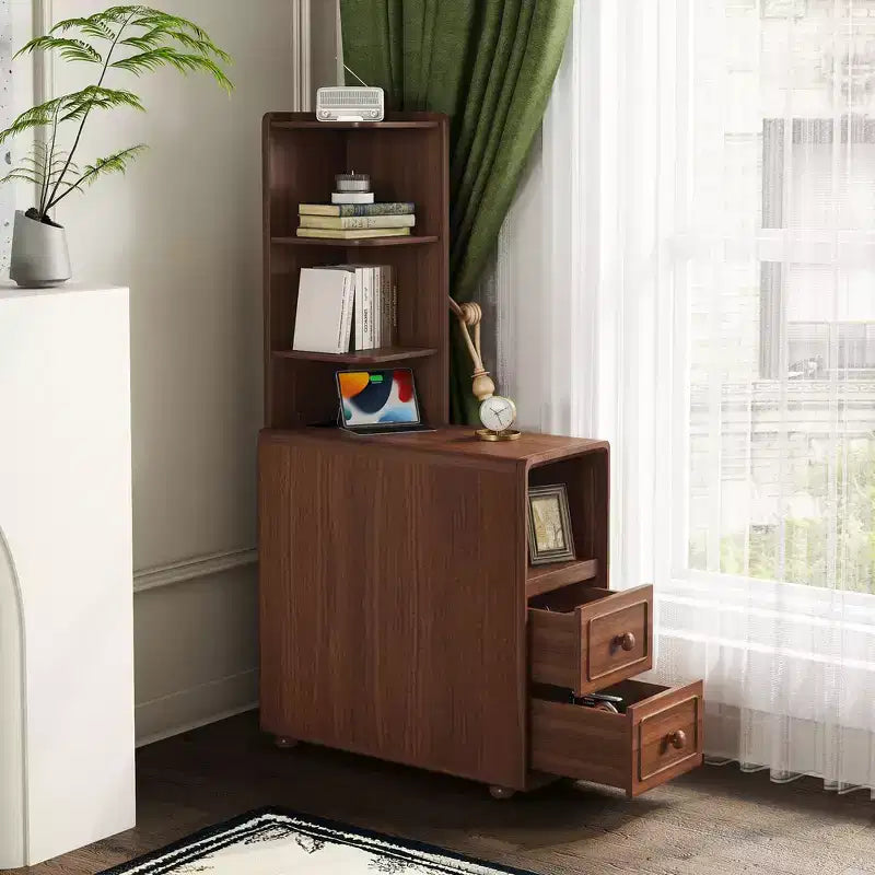Table d'appoint et de coin Whisen avec tiroirs, étagères ouvertes pour chambre et coin - Noyer