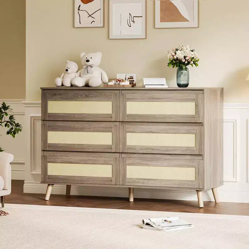 Rattan Dresser for Bedroom with 8 Drawers, 47.2 Wide Chest of Drawers, Modern Wooden Double Dresser TV Stand with Wood Legs