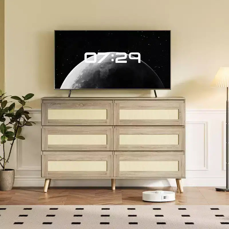 Rattan Dresser for Bedroom with 8 Drawers, 47.2 Wide Chest of Drawers, Modern Wooden Double Dresser TV Stand with Wood Legs