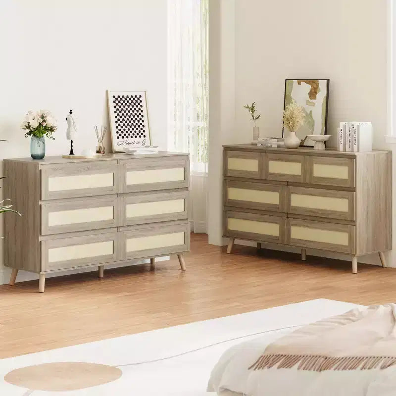Rattan Dresser for Bedroom with 8 Drawers, 47.2 Wide Chest of Drawers, Modern Wooden Double Dresser TV Stand with Wood Legs