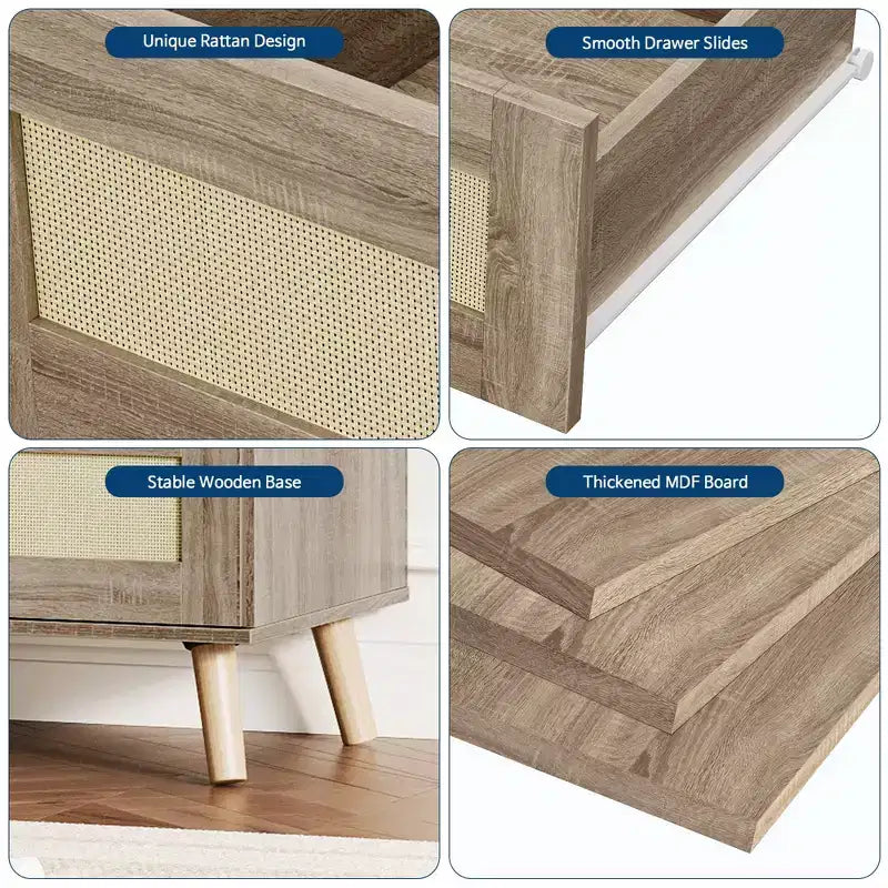 Rattan Dresser for Bedroom with 8 Drawers, 47.2 Wide Chest of Drawers, Modern Wooden Double Dresser TV Stand with Wood Legs
