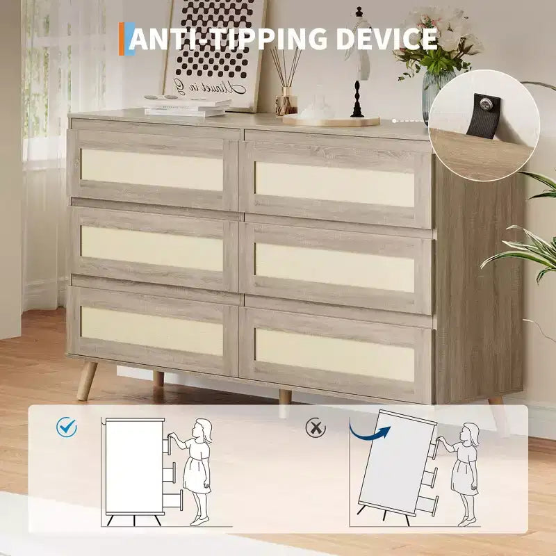 Rattan Dresser for Bedroom with 8 Drawers, 47.2 Wide Chest of Drawers, Modern Wooden Double Dresser TV Stand with Wood Legs