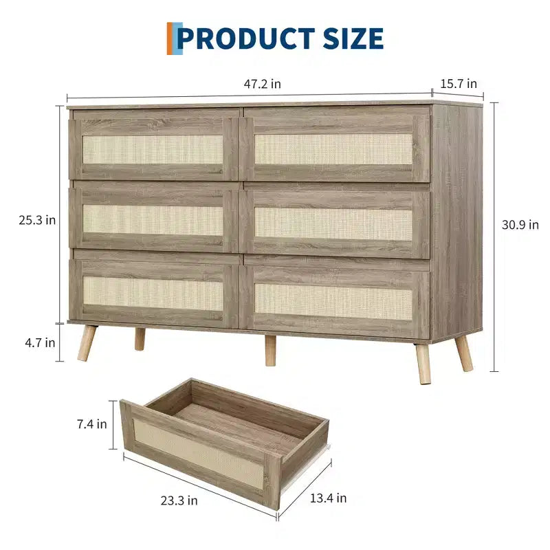 Rattan Dresser for Bedroom with 8 Drawers, 47.2 Wide Chest of Drawers, Modern Wooden Double Dresser TV Stand with Wood Legs
