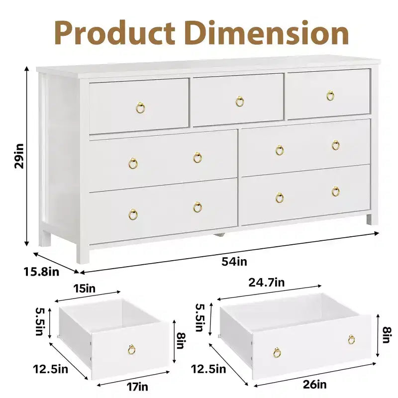 Commode à 7 tiroirs pour chambre à coucher, commode de 137 cm de large avec armoire de rangement pour vêtements, blanc