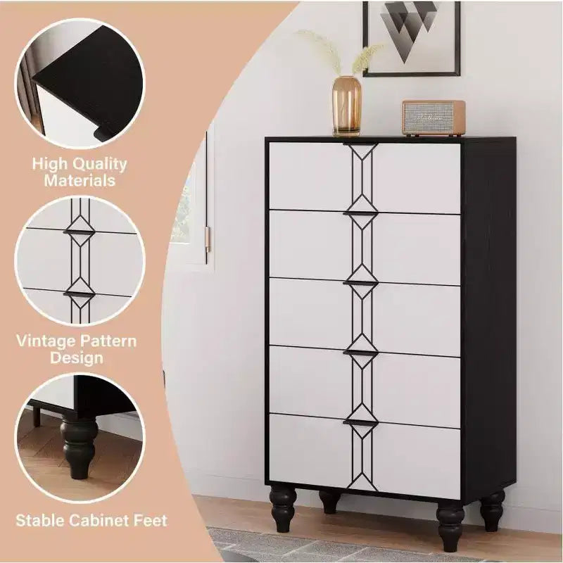Commode à 5 tiroirs, commode haute moderne en bois avec tiroirs profonds, chiffonnier pour chambre à coucher, salon, couloir, entrée