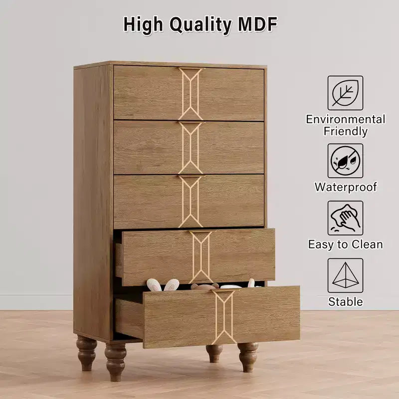 Commode à 5 tiroirs, commode haute moderne en bois avec tiroirs profonds, chiffonnier pour chambre à coucher, salon, couloir, entrée