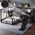 L-Shaped Twin XL over Queen Bunk Bed with Twin Size Loft Bed, Metal Triple Bunk Bed with Slide and USB Ports, Black
