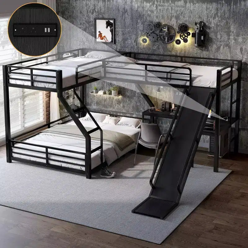 L-Shaped Twin XL over Queen Bunk Bed with Twin Size Loft Bed, Metal Triple Bunk Bed with Slide and USB Ports, Black