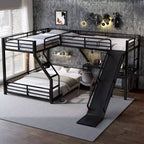 Lit superposé triple en métal noir en forme de L, taille double XL au-dessus d'un lit queen, avec lit superposé double, toboggan et ports USB