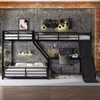 Lit superposé triple en métal noir en forme de L, taille double XL au-dessus d'un lit queen, avec lit superposé double, toboggan et ports USB