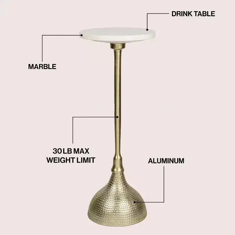 JONATHAN Y Ava 23.75 Table d'appoint contemporaine Art déco en métal avec plateau rond en marbre blanc et base martelée