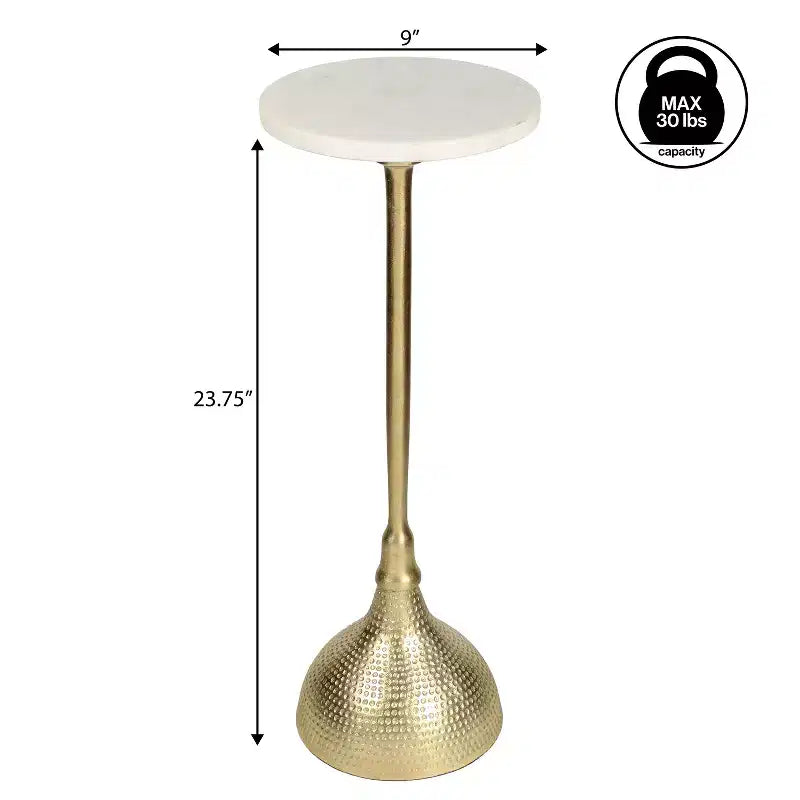 JONATHAN Y Ava 23.75 Table d'appoint contemporaine Art déco en métal avec plateau rond en marbre blanc et base martelée