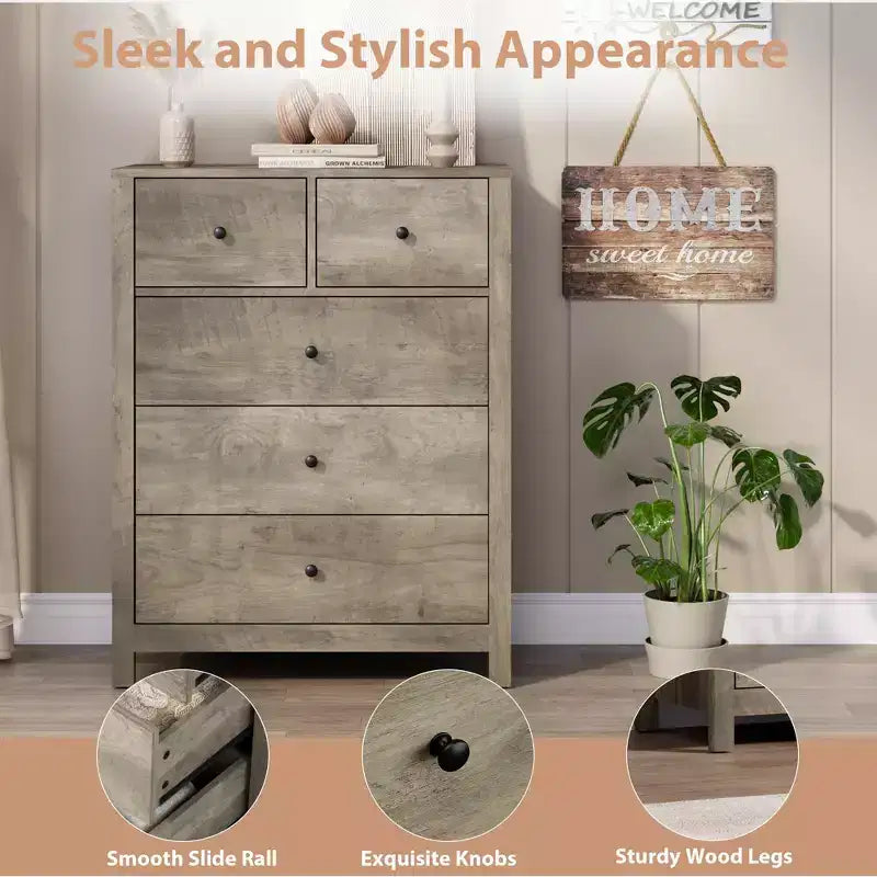 Commode à 5 tiroirs cannelés, commode moderne en grain de bois, avec tiroirs profonds