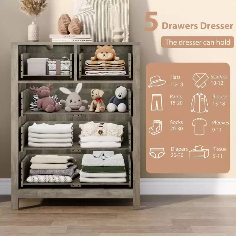 Commode à 5 tiroirs cannelés, commode moderne en grain de bois, avec tiroirs profonds