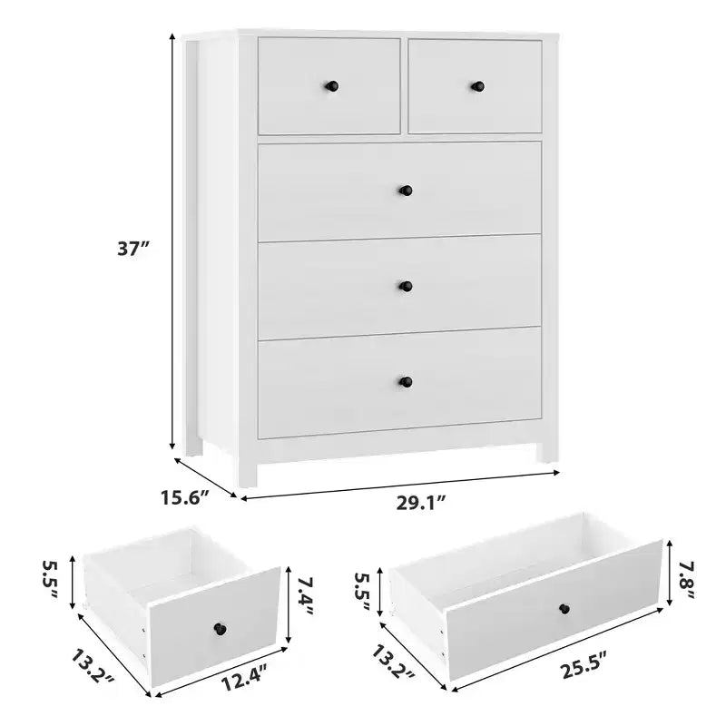 Commode à 5 tiroirs cannelés, commode moderne en grain de bois, avec tiroirs profonds